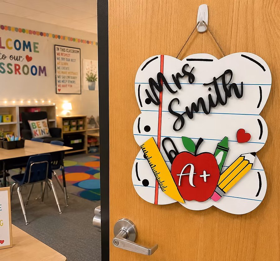 Custom Teacher Classroom Door Sign | Personalized Notebook Wooden Door Hanger | Classroom Decor