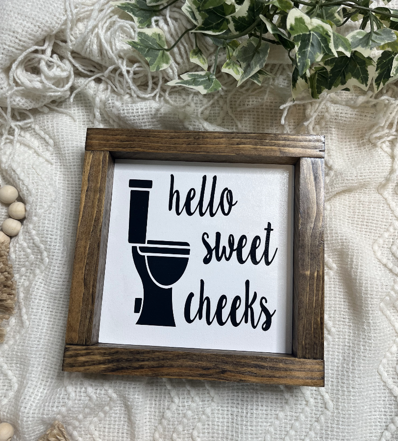 Hello Sweet Cheeks Funny Woods Signs Framed Bathroom Decor Farmhouse Style Decor